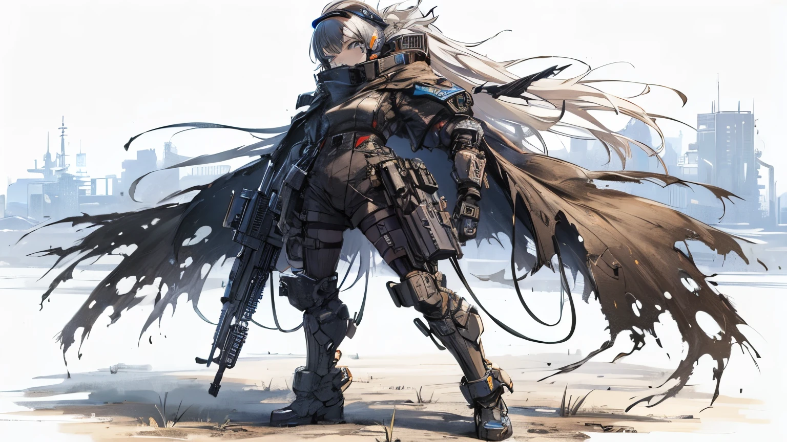 (masutepiece, Best Quality), ultra-detailliert, Anime style, Full body, Solo, cyberpunk soldier girl, Tattered high-tech armor under a torn cloak, Cyber Headgear, wearing high-tech boots, Standing in the wasteland, Digital Painting, 8K High Resolution, trendy Art Station, White background, Whole body,