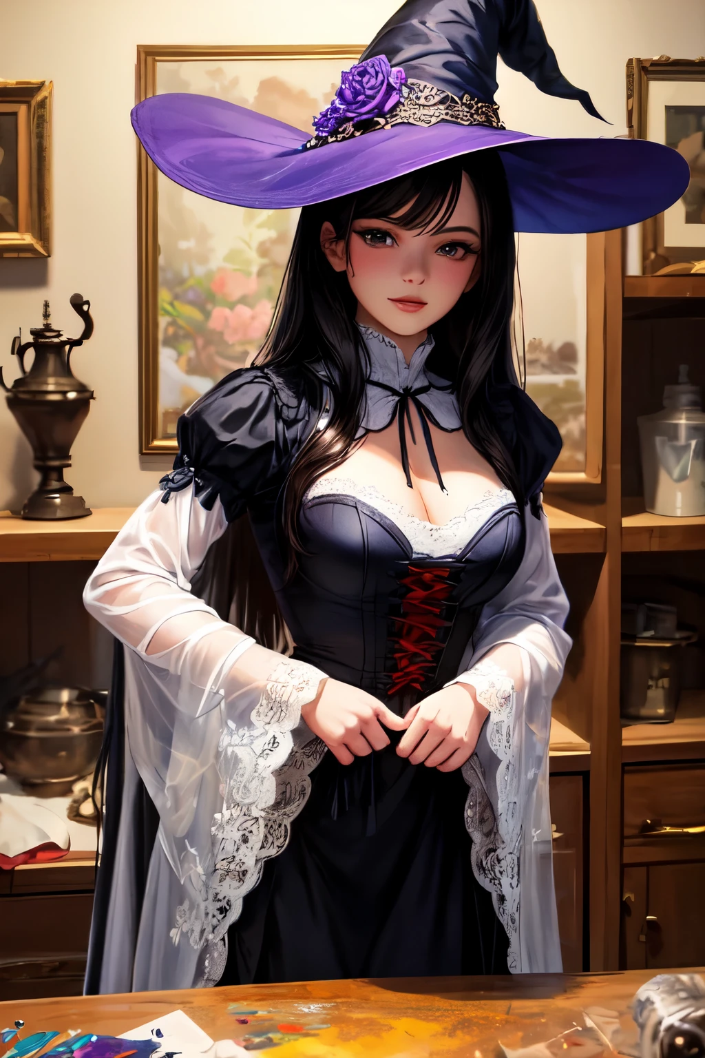 best quality, ultra-detailed, perfect face, purple, long black hair, neutral face, beautiful detailed eyes, beautiful detailed lips, long eyelashes,best quality portrait, detailed, physically-based rendering, ultra-fine painting, fine details, painting, witch girls, witches are helping putting clothes on the new girl, girl happily getting dressed in a stunning black victorian dress, orgeous dress design, flowing gown, elaborate lace details, rich textures, contrast stitching, delicate ribbon bows, floral accents ,full skirt, high neckline, long sleeves, fitted waistline, flared cuffs, lace-up back, black-eyed girl, pointy hat, long black hair, witches assisting in dressing up the new girl, worned out furniture, magic sparkles, magic pot, potions on a shelf, pentagram, high resolution