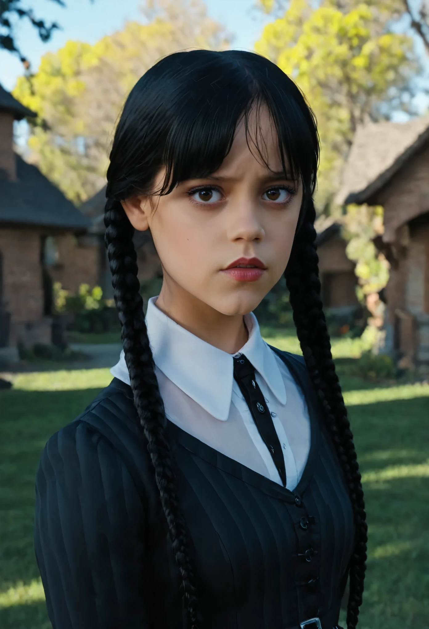 (full head):1.8, Arafed woman looks like Jenna Ortega with braids in a red dress and white shirt, big breast, as Mittwoch Addams, Mittwoch Addams, she has white eyes!!!, Sie hat schwarze Haare mit Pony, with black pigtails, she has a sweet face
