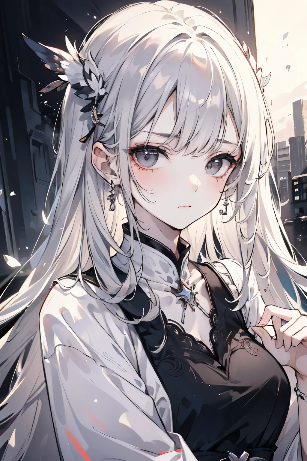 ((best quality)), ((masterpiece)), (detailed), perfect face, white silver hair, very long hair, black eyes, long white dress, sad face