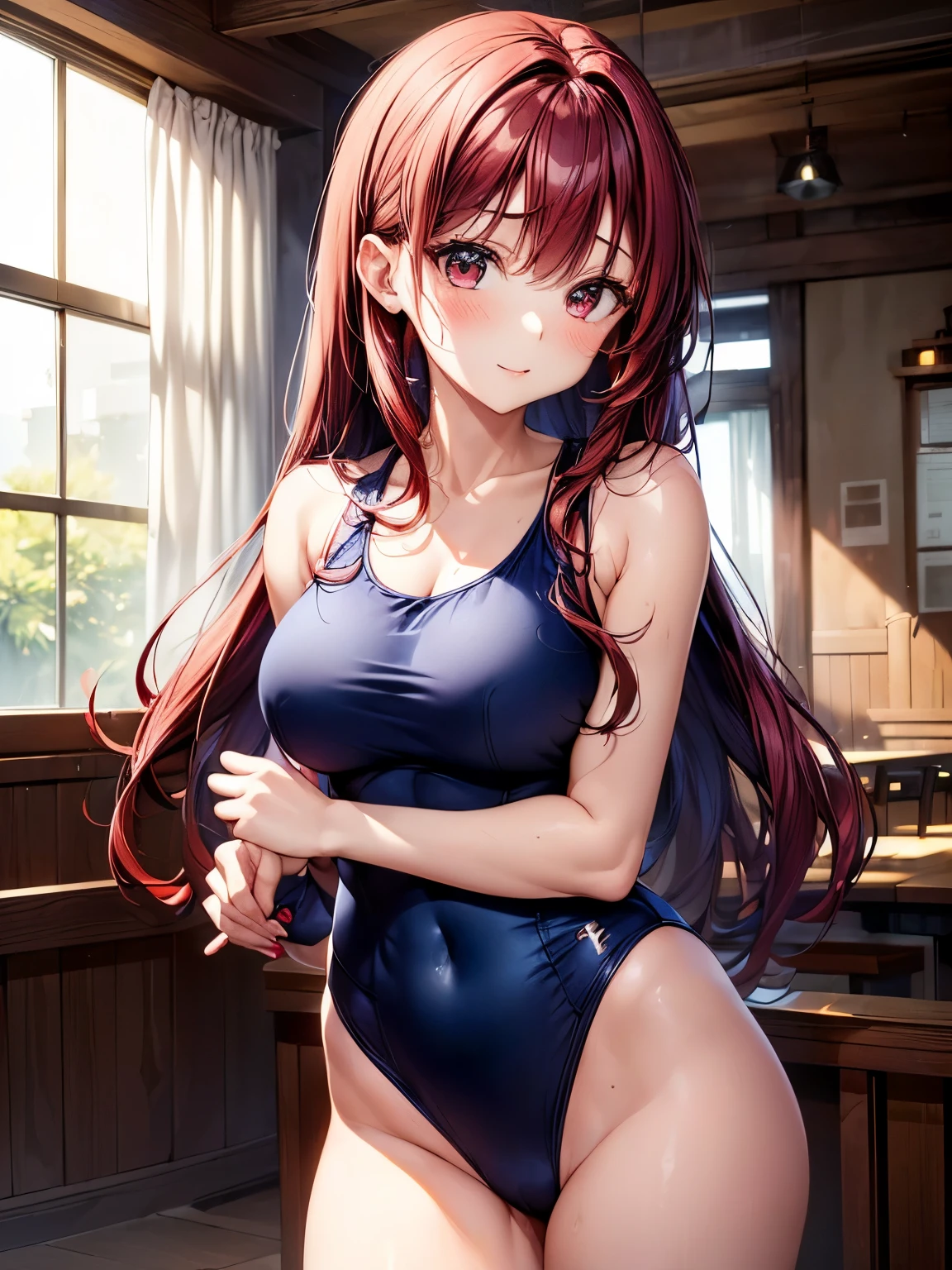 highest quality、Nice sexy body、One Woman、(solo)、((Beautiful busty woman:1.6))、(Woman with dark red hair:1.3)、Long hair woman、((A woman wearing a navy blue one-piece school swimsuit))