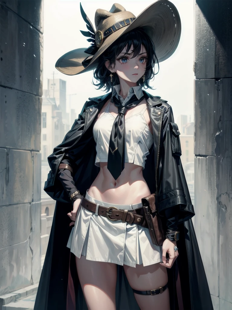 high-tech Equipment, cowgirl costume, vest, cowboy hat, fingerless gloves, midriff, neckerchief, short skirt, holster, absurdres, RAW photo, extremely delicate and beautiful, masterpiece, Best Quality, ultra high resolution, 32k, hyperrealistic, ultra-detailed, detailed description, pale skin, 20 years old, tearful mole, earring, short medium hair, wavy hair, whole body shot,