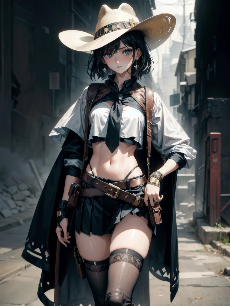 high-tech Equipment, cowgirl costume, vest, cowboy hat, fingerless gloves, midriff, neckerchief, short skirt, holster, absurdres, RAW photo, extremely delicate and beautiful, masterpiece, Best Quality, ultra high resolution, 32k, hyperrealistic, ultra-detailed, detailed description, pale skin, 20 years old, tearful mole, earring, short medium hair, wavy hair, whole body shot,