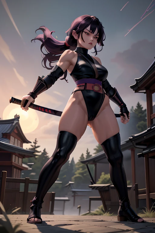 1girl, solo, An pretty woman, female assassin, goth ninja, long wavy purple hair, purple eyes, intricate face details, detailed face, large breasts, wide hip, (Wearing: Black ninja mask, leather leotard, long fingerless gloves, belt, long boots), holding a katana blade, full body, she's looking directly at the camera with a (fierce, dangerous, seductive) gaze. (Background: outdoors, forest, Japanese architecture in the surrounding, night time). The 4k textures showcases the utmost level of detail, while the cinematic lighting adds depth and mystery to the scene. Holding traditional samurai katana sword. Her gaze is both alluring and fierce, as she holds the sword with a delicate yet deadly grip.