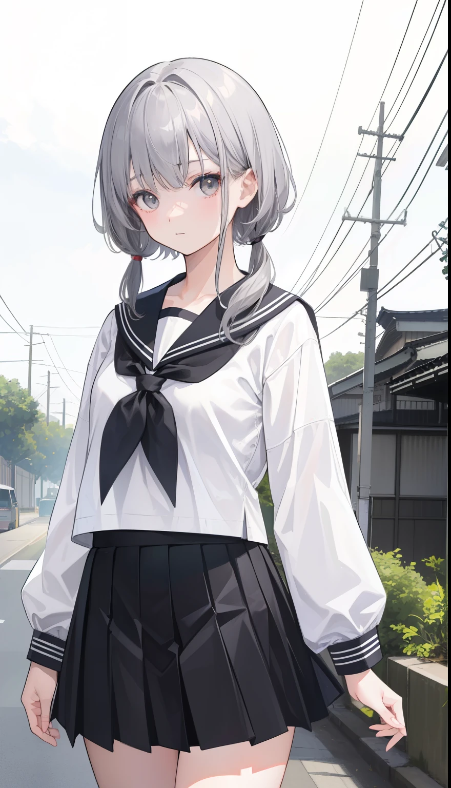 One Girl、AS-Adult、Laughter、shirt、Skirt、(Small Tits)Japanese High School、uniform、serafuku、Walking with thighs、Upper body portrait、Short Wave、Grey Hair、Black sailor ribbon around the neck、Short bangs