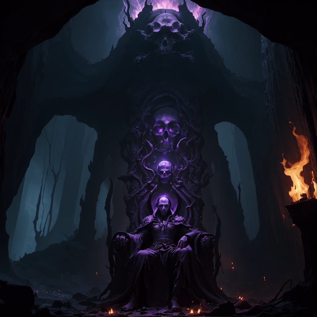 a dark purple mindflayer,seated on a throne made of human skulls,in a dark cave,fire burning in the background,casting a powerful dark magic spell,menacing expression,more skulls surrounding the throne,extremely detailed,dark fantasy,cinematic lighting,dramatic mood,rich colors,chiaroscuro lighting,gothic,horror,digital art
