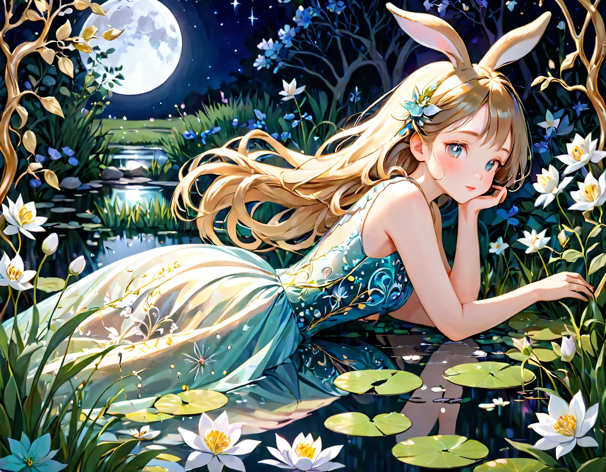 Girl in the Garden,Cutout paper,(Clever rabbit),Delicate flowers,pastel colour,highest quality,Mediate:dream-like,Calm,Surreal,Fantasy,Fine grain,Sophisticated dress,Lush greenery,Endless steppe,Soft sunlight,Magic,peaceful,Whimsical,elegant,Sleep under the moonlight,Moonlit pond,bright,Holographic Flowers,romantic,dream-like,Fascinating,Golden vine,Calm顔,Long eyelashes,Gentle Breeze,Moonlight,Dancing Tree,quiet,Carbonated water,Crystal clear reflections,Delicate moon,Celestial,Fascinating巨乳,Garden at Night,Harmony,Natural beauty,Magic森.The girl is in the center.、Upper Body View、Face close-up