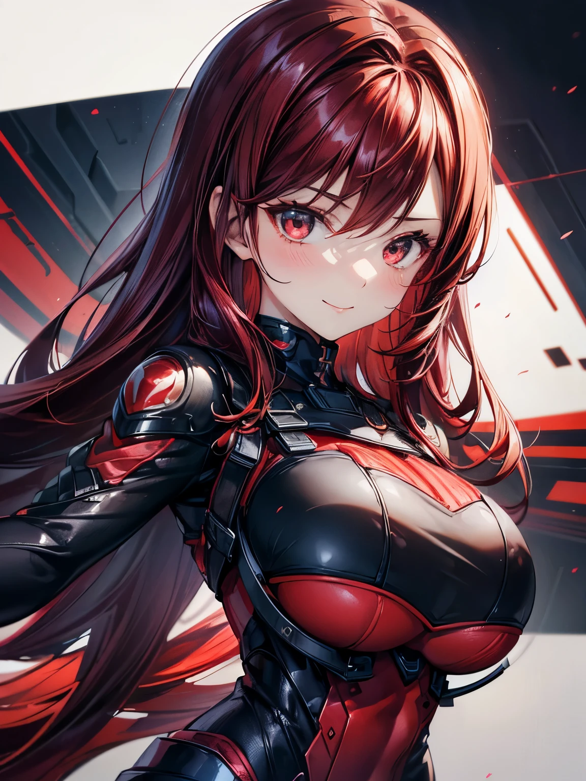 highest quality、Nice sexy body、One Woman、solo、(Beautiful busty woman:1.5)、Medium hair woman、((Woman with dark red hair))、A woman in a black, red and white cyber suit、smile、Sexy pose