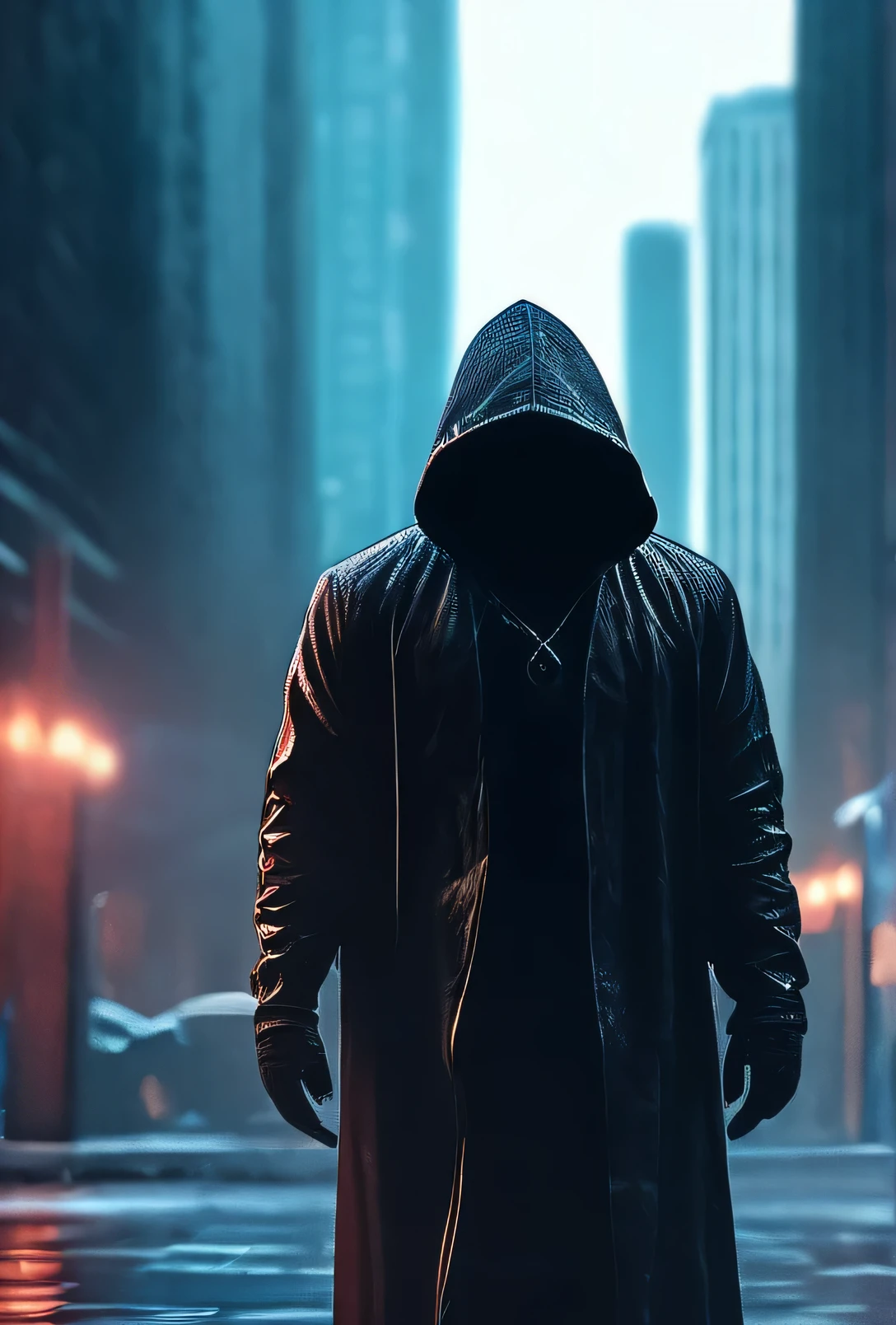 a hooded solitary figure using chaotic magic, ARRI Alexa 35 cinematic medium shot, subtle color grading, hyper-realistic pop art, cyberpunk, Chicago 2087, best quality, 8k, high resolution, masterpiece, ultra-detailed, realistic, photorealistic, HDR, studio lighting, vivid colors, sharp focus, physically-based rendering, professional