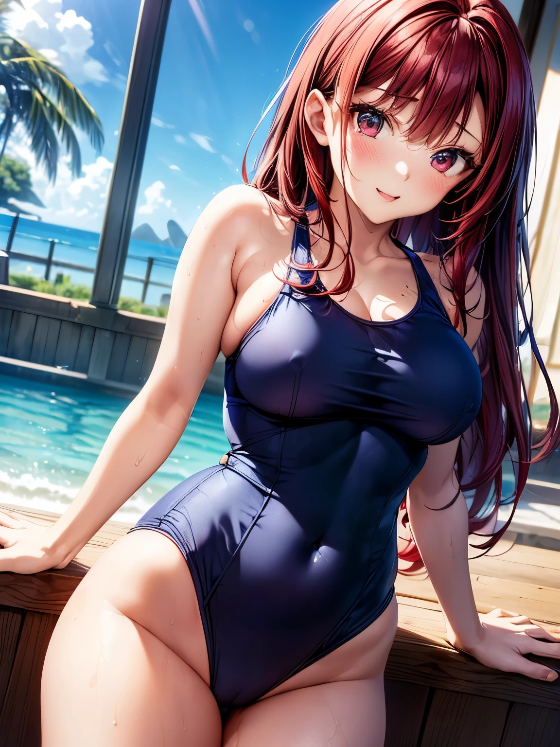 highest quality、Nice sexy body、One Woman、(solo)、((Beautiful busty woman:1.6))、(Woman with dark red hair:1.3)、Long hair woman、((A woman wearing a navy blue one-piece school swimsuit))