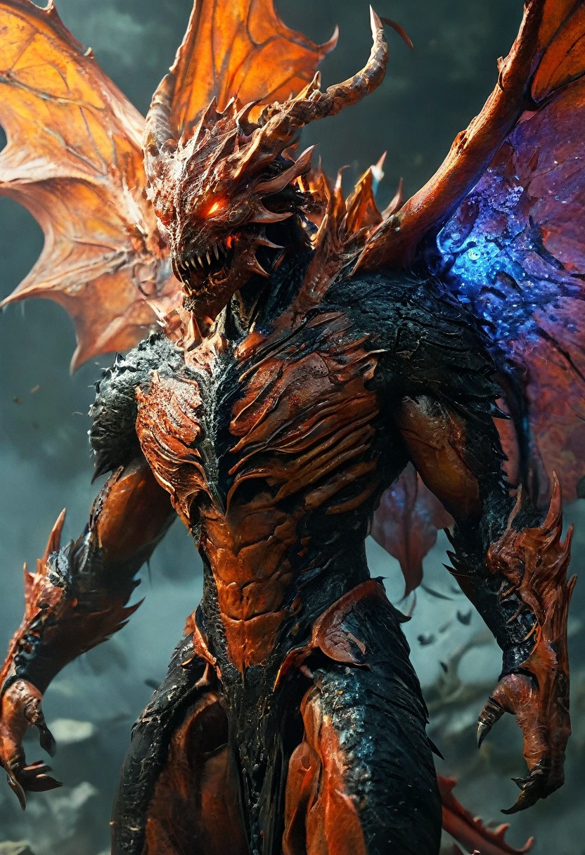 (highest quality,4K,8k,High resolution,masterpiece:1.2), Super detailed, (Realistic,photoRealistic,photo-Realistic:1.37), black creature, Otherworldly, Lovecraft, Chitinous Skin, Bioluminescence Pattern, Dark color palette, Spooky lighting.(Browsing Caution:1.4), black, red, orange, 非常に長く鋭いredい爪, Big Claws, Her body is bioluminescent. Moisturized Skin, (Extremely detailed and intricate skin patterns:1.2), (Translucent chitinous exoskeleton:1.3), (Very small waist:1.4), (Destroyed Anatomy:1.5), violent, erotic,Dragon King:2.0,The Birth of the Demon King,