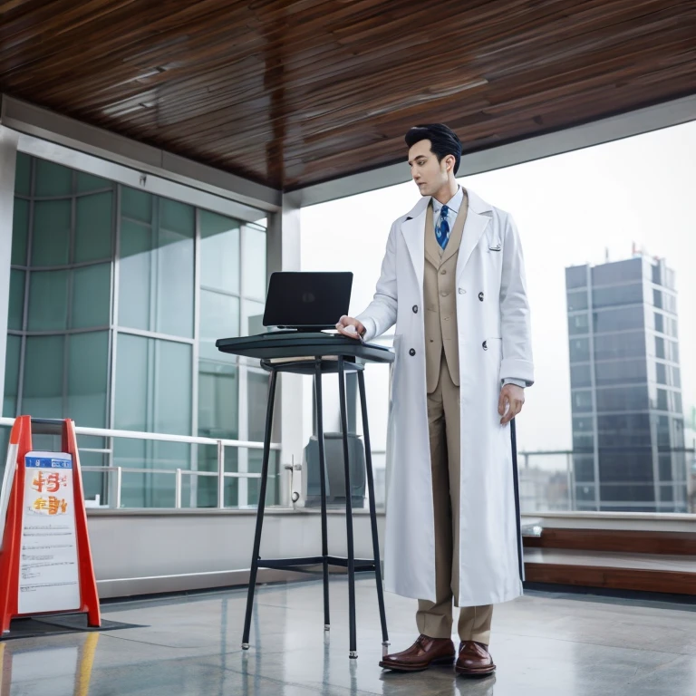 A tall male doctor in a white coat is measuring the height of a with a height meter,