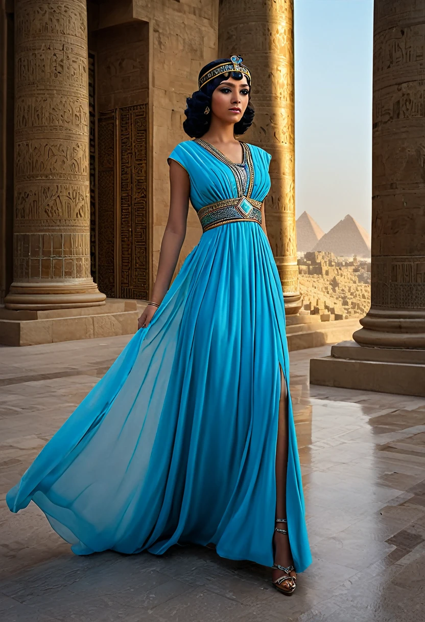 [A highly detailed, 8K resolution image of Cleopatra wearing a light blue gown in the surrounds of Cairo, with an incredibly rich and realistic appearance using HDR and Cinemastill 800 techniques for maximum visual quality.]