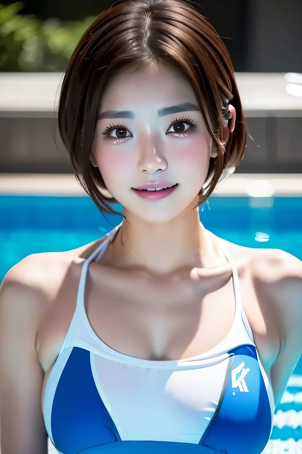 (((Competition pool diving board:1.3))),(((Sports towel))), (Competition Swimwear:1.7)),(((White one piece swimsuit))),Crying face,tears,Cute Face,Extreme close up of face,Shiny light brown and orange striped short hair,Perfect round face,iris,(hairpin、Floating Hair、),Big Breasts.Professional Lighting,Cinematic Light,(Tabletop,highest quality,Ultra-high resolution output images,) ,(8K quality),(Picture Mode Ultra HD),