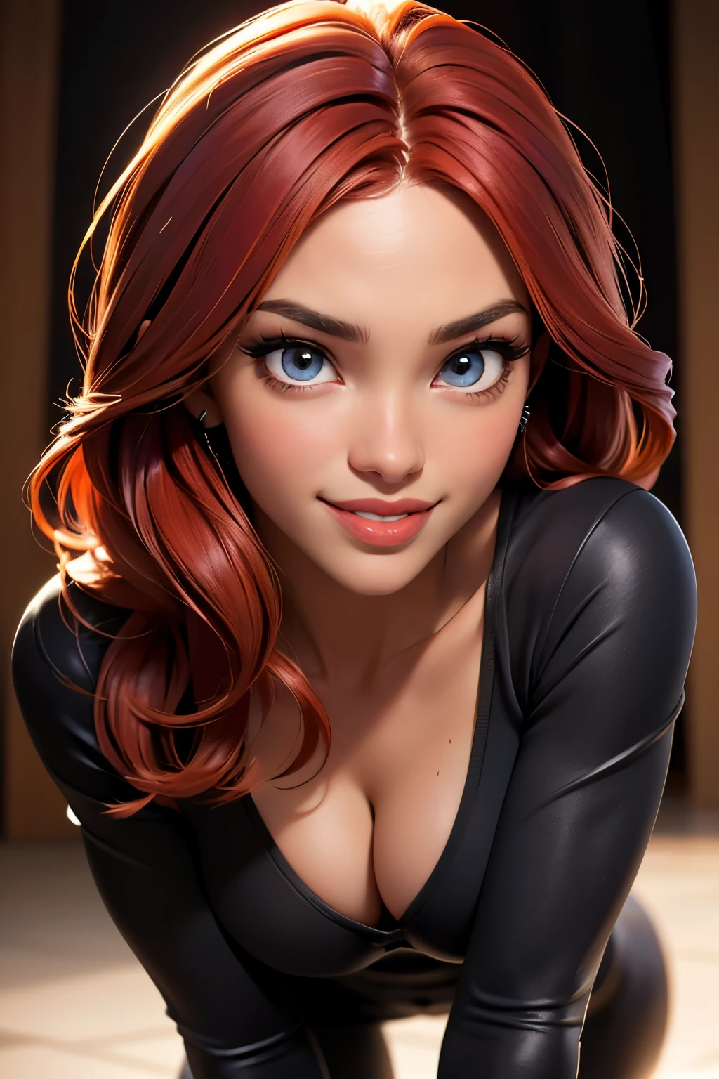 (sexy happy coy smile, red haired young woman, one raised eyebrow, ,perfect body, dynamic posing, crawling directly to camera, ,tight skin body suite black with red accent, active shot, siper hero landing pose, model, cleavage,stage,luxury hall),(oil painting),(detailed face,beautiful eyes,detailed lips),(best quality,highres:1.2),(realistic),(portrait),(vibrant colors),(soft lighting) 22 year old, happy