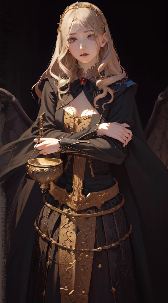 (masterpiece, Beautiful, detailed eyes: 1.2), Super detailed, Poster,
Young vampire girl from medieval Europe, Her eyes burn with hunger、Clutching a goblet of human blood
,Detailed clothing, (Realistic:2), Gloomy atmosphere, Dark Fantasy Style