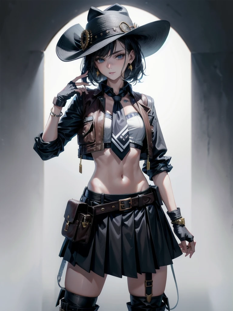 high-technology Equipment, cowgirl costume, vest, cowboy hat, fingerless gloves, midriff, neckerchief, short skirt, holster, absurdres, RAW photo, extremely delicate and beautiful, masterpiece, Best Quality, ultra high resolution, 32k, hyperrealistic, ultra-detailed, detailed description, pale skin, 20 years old, tearful mole, earring, short medium hair, wavy hair, whole body shot,