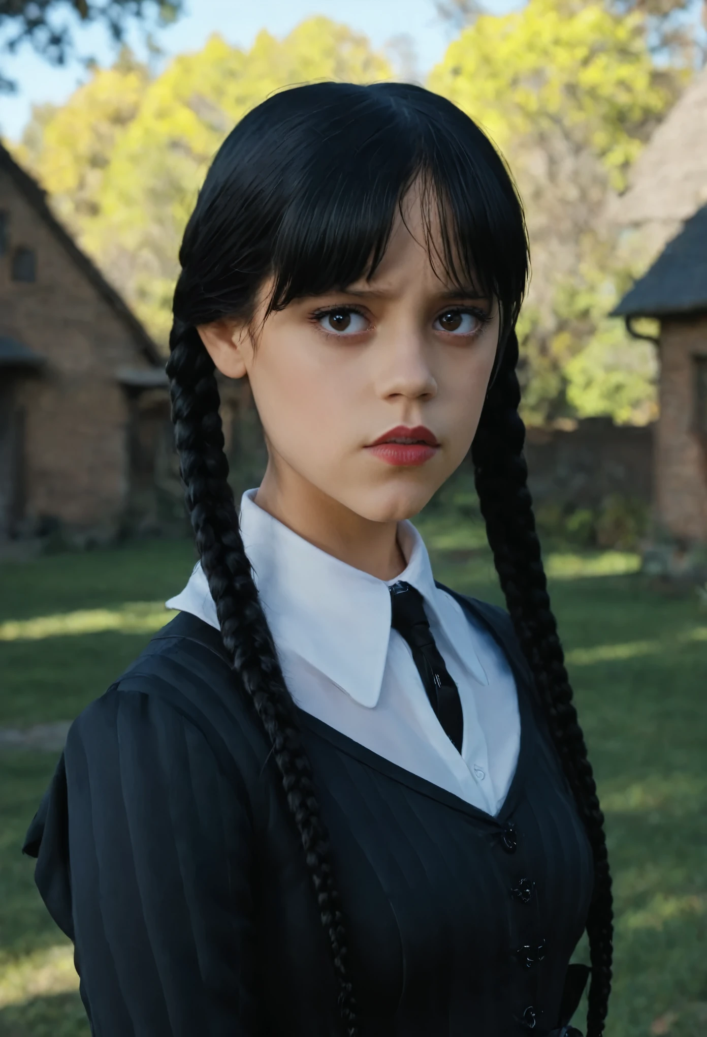 (full head):1.8, Arafed woman looks like Jenna Ortega with braids in a red dress and white shirt, big breast, as Mittwoch Addams, Mittwoch Addams, she has white eyes!!!, Sie hat schwarze Haare mit Pony, with black pigtails, she has a sweet face
