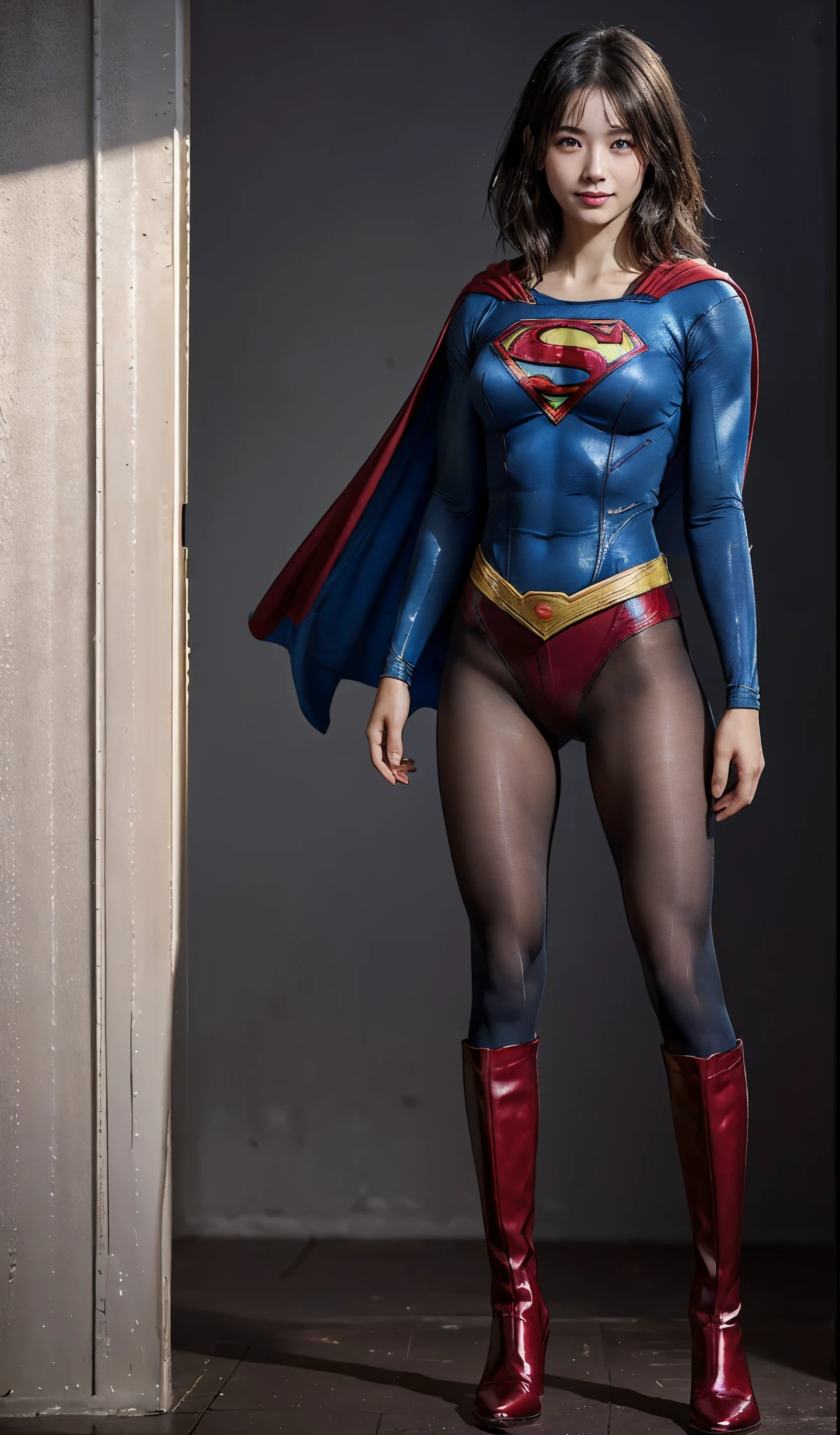 No background、(((Beautiful legs in black tights.)))、(((Legally express the beauty of your smile)))、((((Make the most of your original images)))、(((Body-hugging Supergirl costume)))、(((Supergirl Costume)))、(((Beautiful short hair)))、(((She is winking cutely.)))、(((Please wear black tights....、Wear red boots)))、((Best image quality、8k))、((highest quality、8k、masterpiece:1.3))、(((Preserve background )))、Sharp focus:1.2、Beautiful woman with perfect figure:1.4、Slim Abs:1.2、Wet body:1.5、Highly detailed face and skin texture、8k