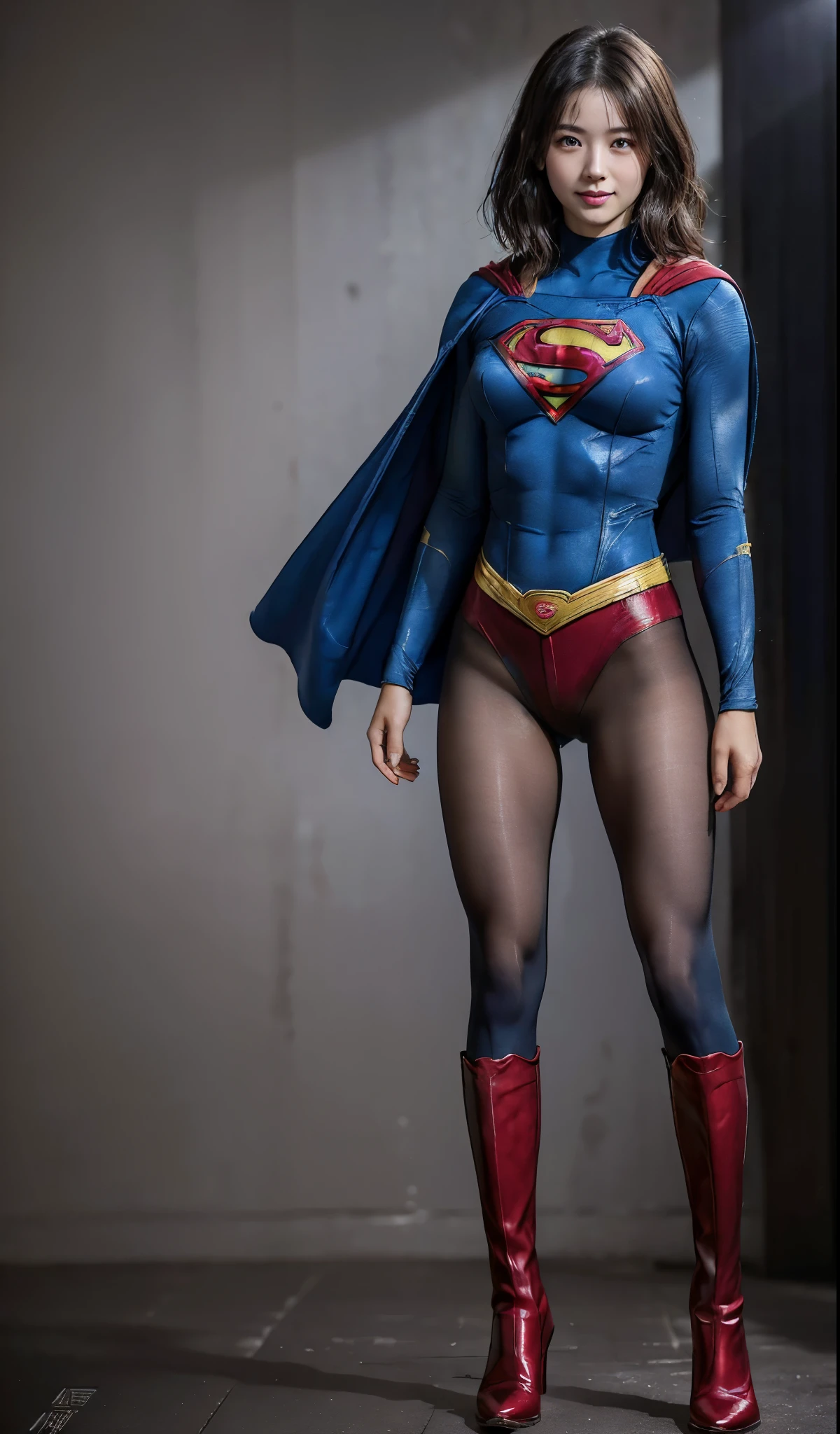 No background、(((Beautiful legs in black tights.)))、(((Legally express the beauty of your smile)))、((((Make the most of your original images)))、(((Body-hugging Supergirl costume)))、(((Supergirl Costume)))、(((Beautiful short hair)))、(((She is winking cutely.)))、(((Please wear black tights....、Wear red boots)))、((Best image quality、8k))、((highest quality、8k、masterpiece:1.3))、(((Preserve background )))、Sharp focus:1.2、Beautiful woman with perfect figure:1.4、Slim Abs:1.2、Wet body:1.5、Highly detailed face and skin texture、8k