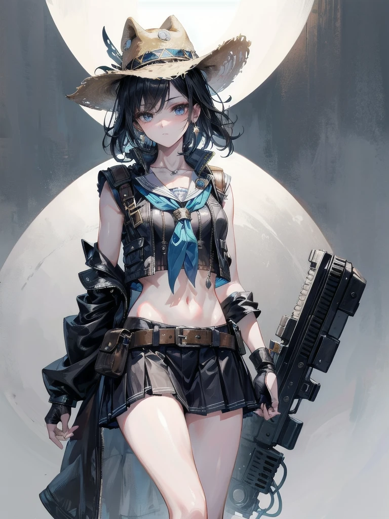high-technology Equipment, cowgirl costume, vest, cowboy hat, fingerless gloves, midriff, neckerchief, short skirt, holster, absurdres, RAW photo, extremely delicate and beautiful, masterpiece, Best Quality, ultra high resolution, 32k, hyperrealistic, ultra-detailed, detailed description, pale skin, 20 years old, tearful mole, earring, short medium hair, wavy hair, whole body shot,
