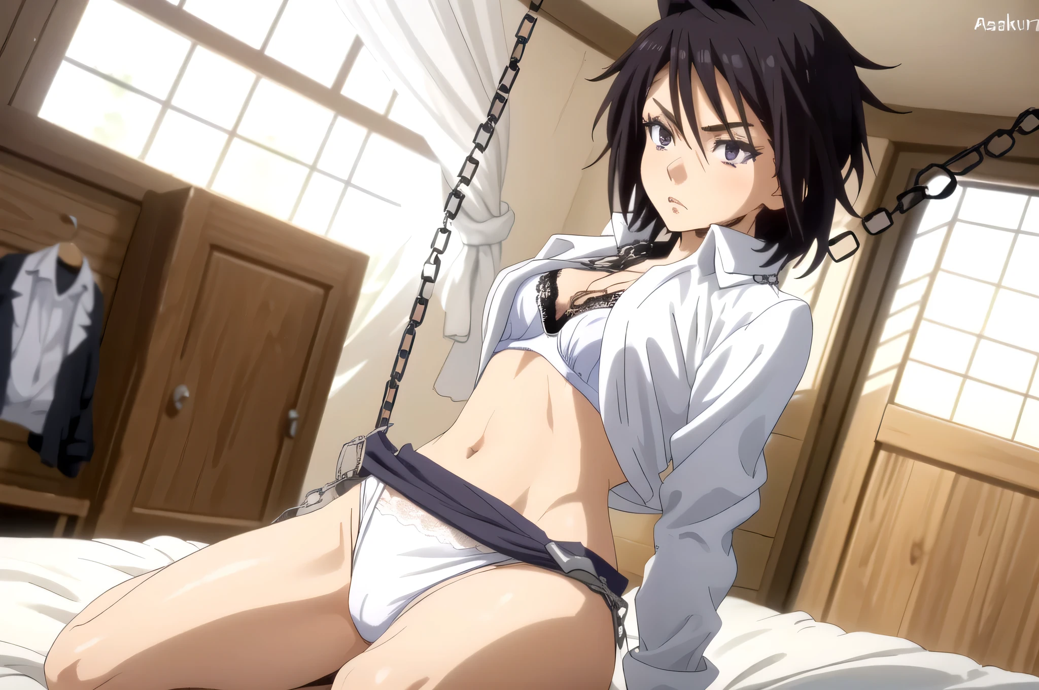 hinatasakaguchi, hinata sakaguchi, Black Hair, (Iris:1.5), short hair, Hair between the eyes,(((white lace panties,white lace bra ))),beautiful things,lying 
break , ,(((chain binding over clothes:1.5))),(arms behind return:1.3)，(regretful expression)，restrained things,kneeling ,restrained by chains, tightly shackled and confined ,a lot of Blood Stain On Shirt,
break View Viewer, 
break indoor ,on the bed ,bedroom,
break (masterpiece:1.2), highest quality, High resolution, unity 8k wallpaper, (figure:0.8), (Beautiful fine details:1.6), Highly detailed face, Perfect lighting, Highly detailed CG, (Perfect hands, Perfect Anatomy),