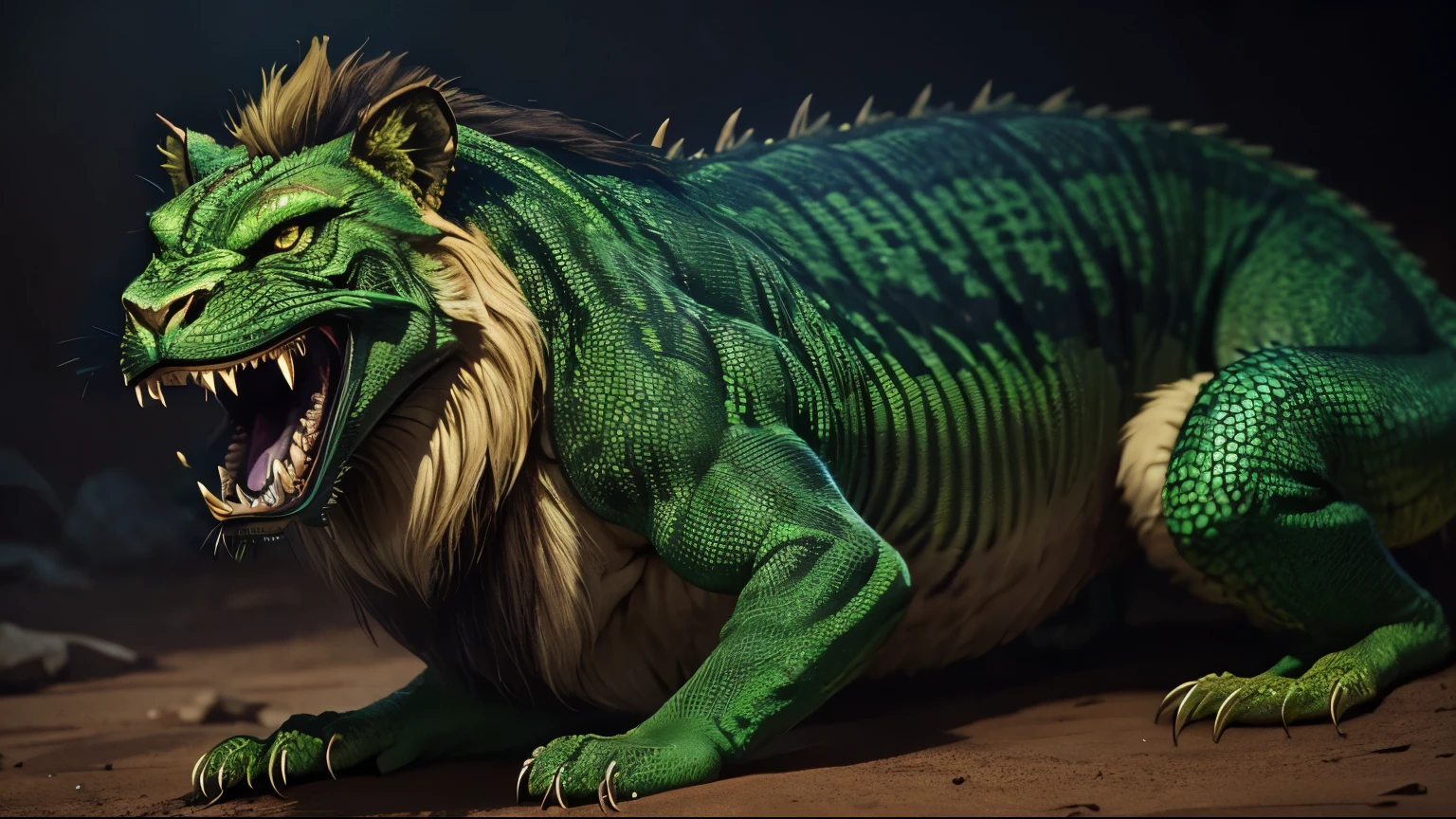 A fantastical green lizard-skinned lion, highly detailed teeth, photorealistic, best quality, realistic, HDR, hyper detailed, cinematic lighting, dynamic composition, dramatic shadows, vibrant colors