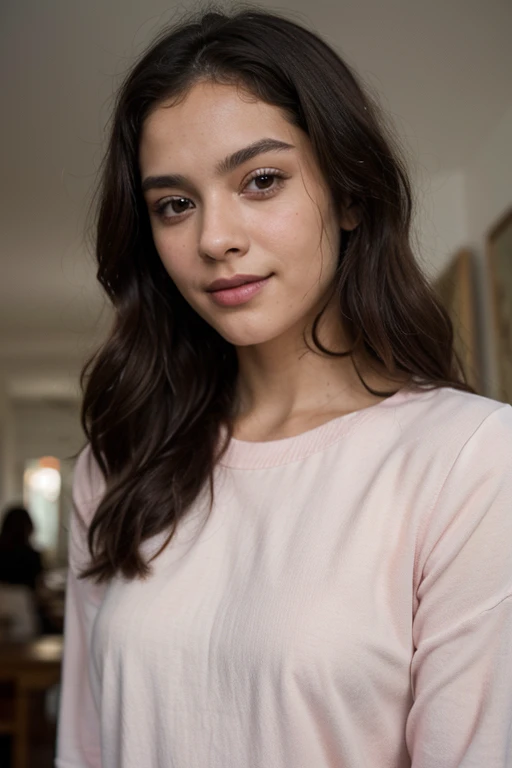 ((melhor qualidade)), ((Obra de arte)), (detalhado), rosto perfeito one girl, dark skin, black wavy hair, striking eyes, focus on the face, natural makeup, 20 year old girl, pink clothes, striking smile friendly appearance