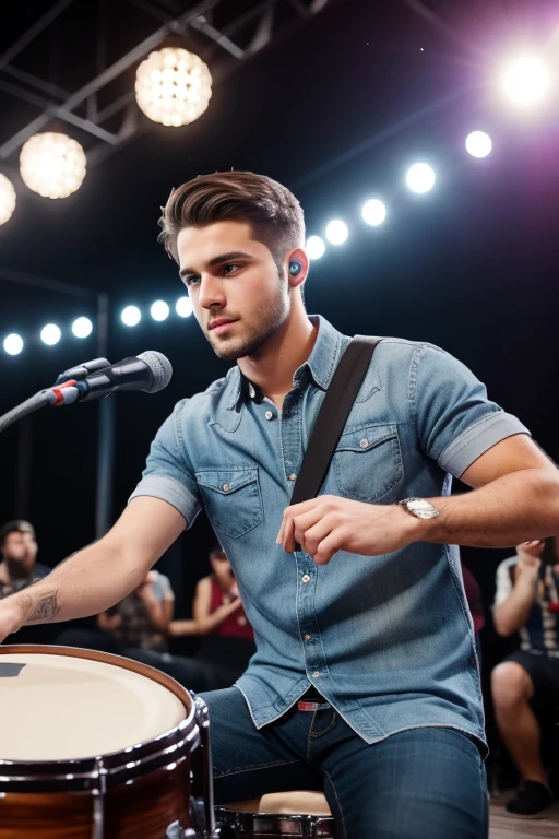 handsome male like a american, 22 years old wearing a casual clothes playing a drums highlights with Men Wedding Ring detailed, innocent face, natural brushed up hair, hazel eyes, Handsome 1 people, 1 people handsome, Casual clothes, A hyper-realistic, Crying expression, concert with a crowd of people talking with a 20 group people hiquality, Friends group, Nikon, Canon, Fujifilm, HD, 4K, 8k