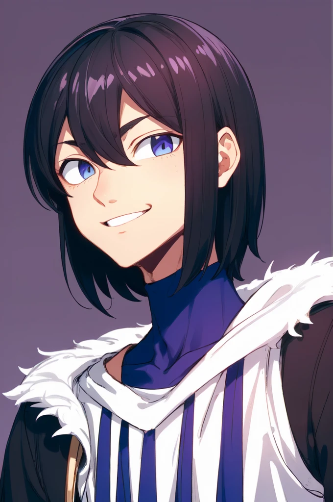 Boy, young, Beautiful, Blue eyes, black hair, 4K, nice smile, handsome, short hair, purple background