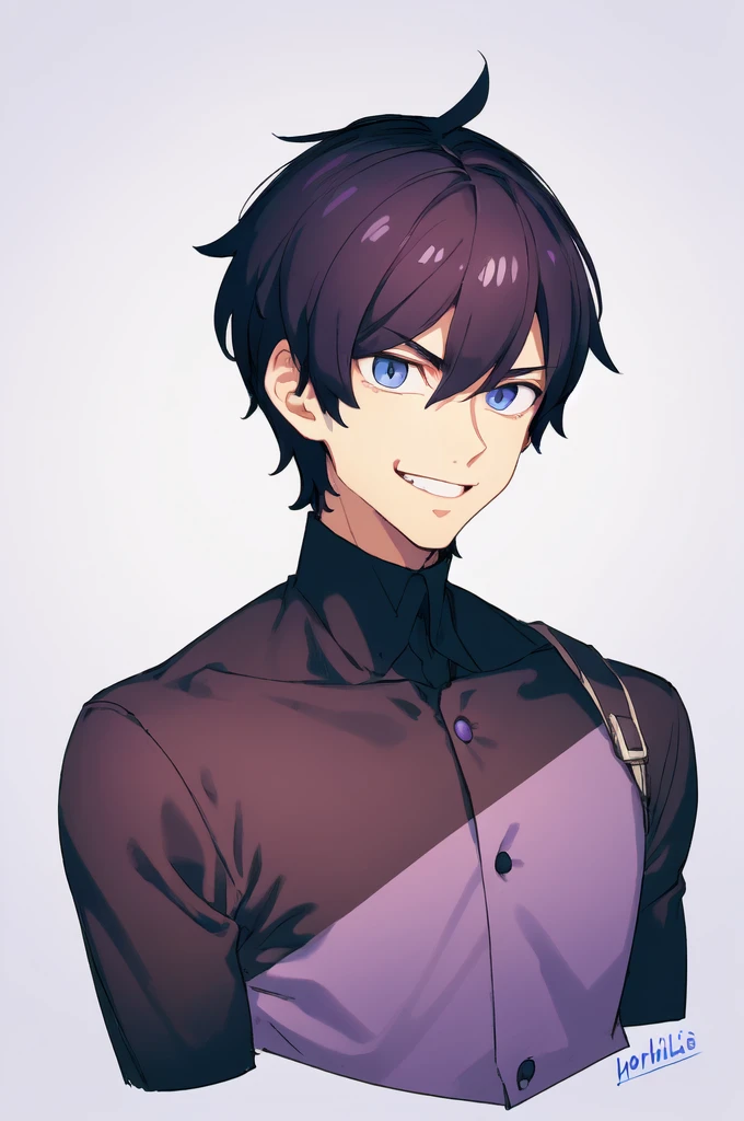 Boy, young, Beautiful, Blue eyes, black hair, 4K, nice smile, handsome, short hair, purple background