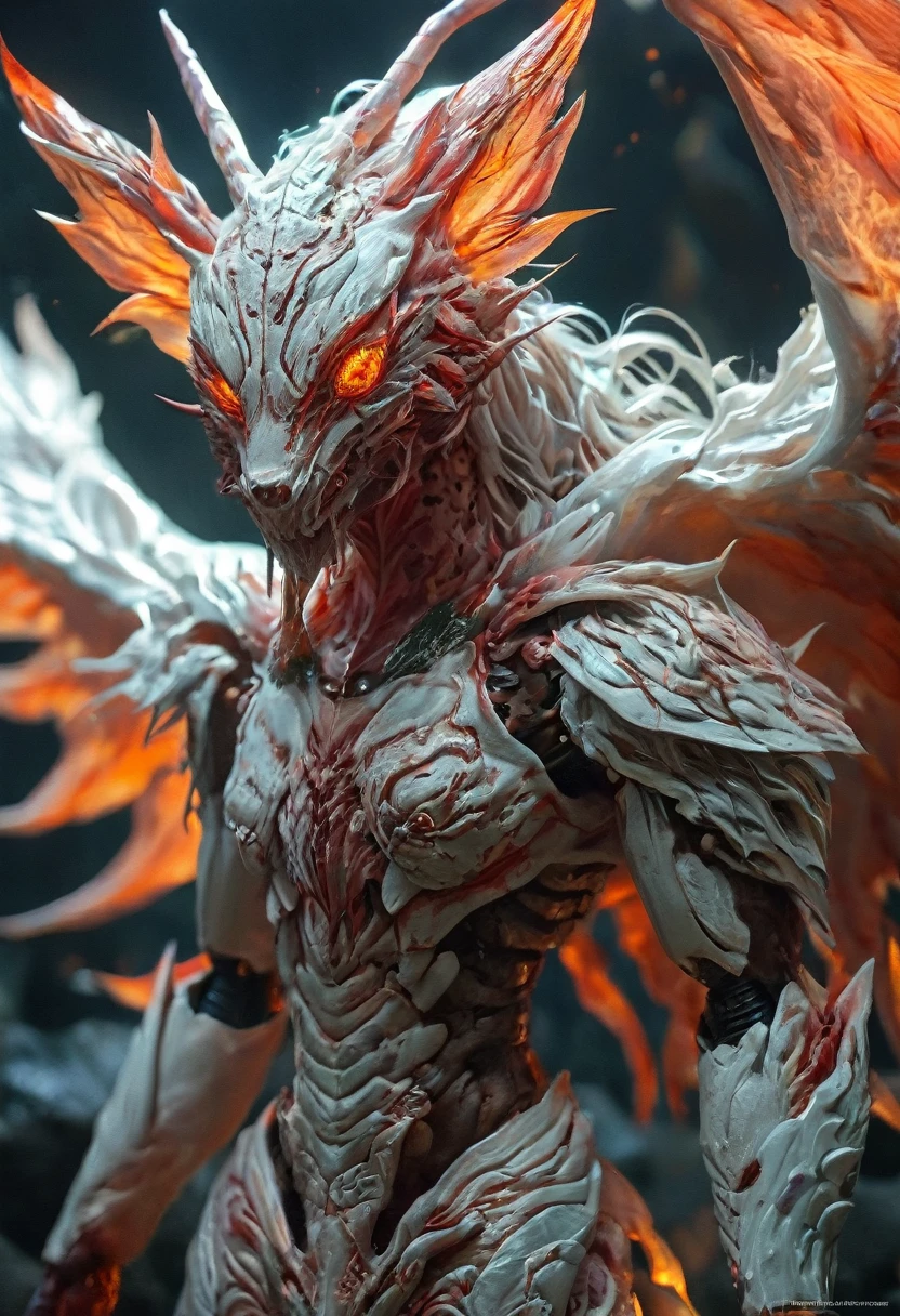 (highest quality,4K,8k,High resolution,masterpiece:1.2), Very detailed, (Realistic,photoRealistic,photo-Realistic:1.37), white creature, Otherworldly, Lovecraft, Chitinous Skin, Bioluminescence Pattern, Dark Color Palette, Spooky lighting.(Browsing Caution:1.4), white, pink, orange, Very long and sharp red claws, Big Claws, Her body is bioluminescent. Moisturized Skin, (Extremely detailed and intricate skin patterns:1.2), (Translucent chitinous exoskeleton:1.3), (Very small waist:1.4), (Destroyed Anatomy:1.5), violent, erotic,nine tailed fox,King of Insects,Seven Demon Kings,come,