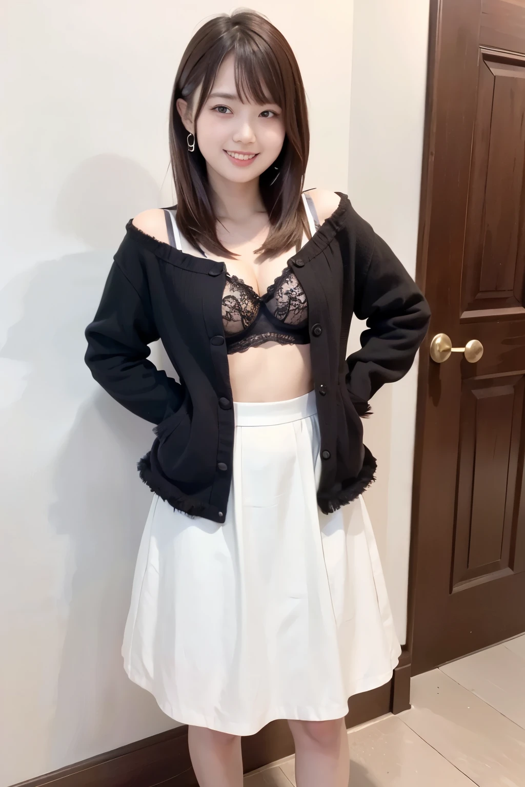 frame in, from right in front of face and body, full body, High quality, very high res, High quality, cute girl, (straight hair:1.2), black hair, forehead, medium hair, parted bangs, looking at viewer, bra, White fluffy skirt, smile, (cross arms in front1.2), standing