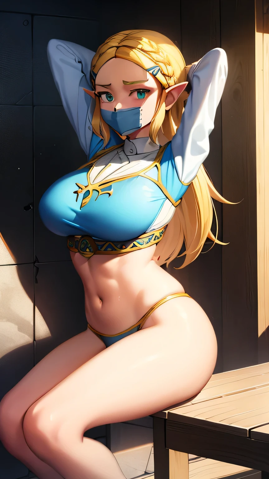 Zelda, natural lighting, masterpiece, highly detailed, illustration, game CG, absurdres, high quality, aichan, large breasts, beautiful detailed eyes, short, (tape gag), (tape bound), (arms bound), (legs bound:1.2), eyes wide, shocked, surprised, collarbone, sitting, (knees bent), Zelda has a huge ass, Zelda is bikini, Zelda has huge tits 