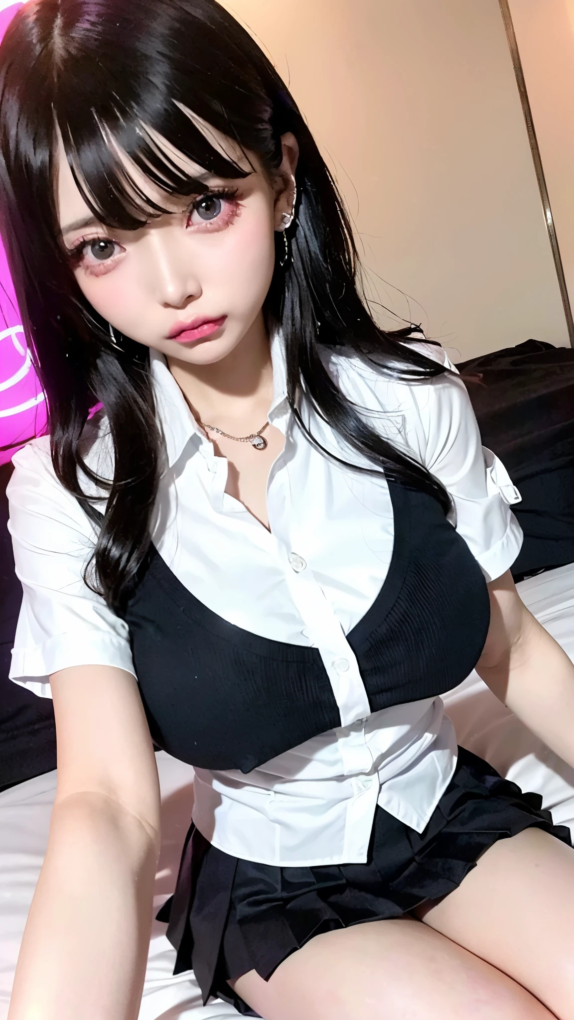 ((JAV Cover:1.8, Big Titles, Countless insults、 POP title text:1.8)),(SFW:1.8, highest quality、highest quality、masterpiece、Ultra-high resolution, 8k, RAW Photos, Realistic: 1.4), (Safe and secure、Everyone、safety sensor、Absolutely safe, safety), Indirect lighting to suit your space、From feet to head、One Girl, the body is slim、Oval Face, pore, (Multi-color contact lenses、Lip gloss, Long eyelashes), (Mega size super big breasts:1.5), ) (Detailed pupil, Perfect Eyes:1.2), (Reflect light、Shiny clothes that show wrinkles:1.2), (Many ear piercings), necklace, latex, Attractive perfect female proportions, Fine surface texture, high school girl 、Captivating woman、pixie short hair、break 、Jet black straight hair、(A high  consisting of a white shirt and a black pleated skirt:1.8)、relax、break、(Shiny fluorescent pink gloss lip、gyaru makeup:1.3), Flashy underwear visible through the cleavage of her large breasts、(Sexy bed in a neon-lit Japanese love hotel:1.8)、(Squint your eyes:1.3,Please open your mouth wide:1.2、Ecstatic face:1.2、Blowjob Gestures:1.8), Take a look at the screen、(Move it a little further away from the camera、From head to toe、There are bills and beer cans scattered around the room and on the bed.:1.8)、Sit with your legs apart、Macho 2 bays behind, Half-naked men put their hands on shoulders