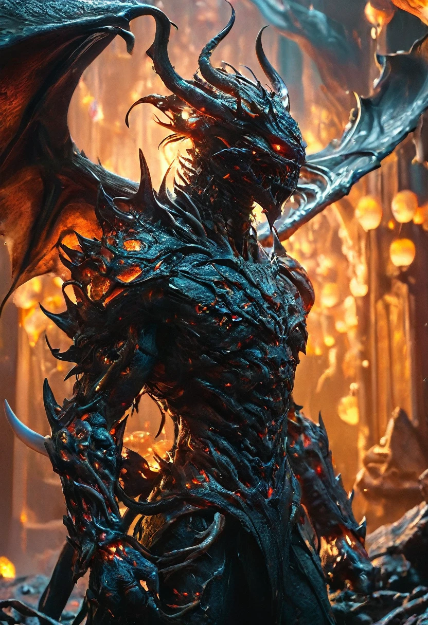 (highest quality,4K,8k,High resolution,masterpiece:1.2), Super detailed, (Realistic,photoRealistic,photo-Realistic:1.37), black creature, Otherworldly, Lovecraft, Chitinous Skin, Bioluminescence Pattern, Dark color palette, Spooky lighting.(Browsing Caution:1.4), black, red, orange, 非常に長く鋭いredい爪, Big Claws, Her body is bioluminescent. Moisturized Skin, (Extremely detailed and intricate skin patterns:1.2), (Translucent chitinous exoskeleton:1.3), (Very small waist:1.4), (Destroyed Anatomy:1.5), violent, erotic,Dragon King:2.5,The Birth of the Demon King,