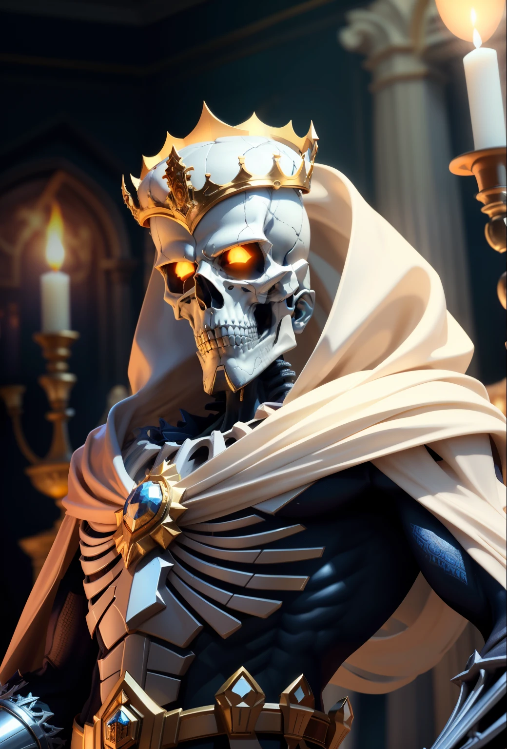 1. Skeleton King (Best quality, 4K, 8K, high-res, masterpiece: 1.2) - This ultra-detailed 3D model of the Skeleton King showcases a photorealistic quality that makes the bones appear as if they were carved from marble. The figure stands tall, adorned with intricate jewelry, revealing the high level of attention given to every detail. His skin is smooth, devoid of any texture, and his eyes stare intensely, as if to command all who dare to meet his gaze. The scene is lit dramatically, with harsh shadows and wrought-iron candelabras casting an eerie, rather ominous amb