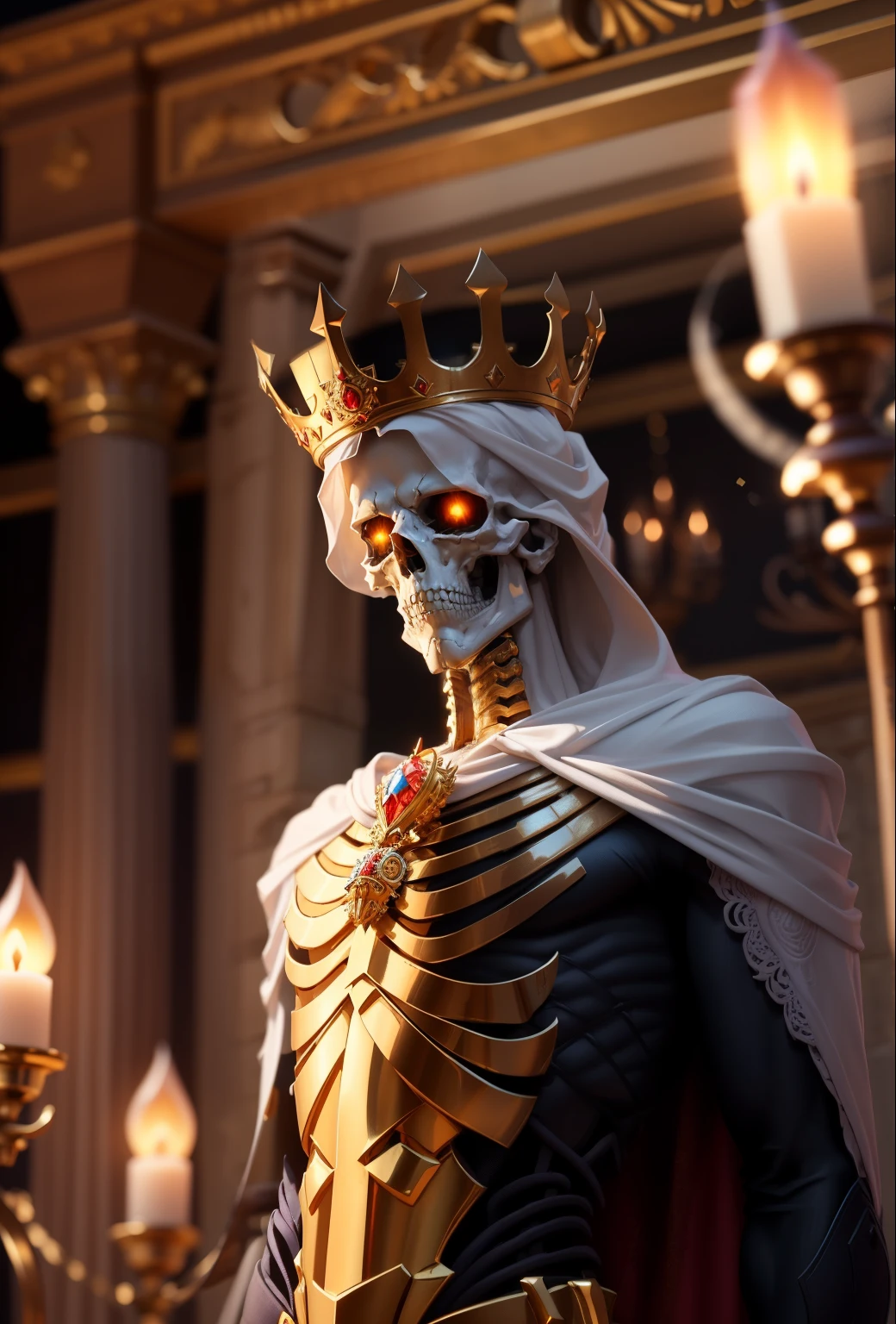 1. Skeleton King (Best quality, 4K, 8K, high-res, masterpiece: 1.2) - This ultra-detailed 3D model of the Skeleton King showcases a photorealistic quality that makes the bones appear as if they were carved from marble. The figure stands tall, adorned with intricate jewelry, revealing the high level of attention given to every detail. His skin is smooth, devoid of any texture, and his eyes stare intensely, as if to command all who dare to meet his gaze. The scene is lit dramatically, with harsh shadows and wrought-iron candelabras casting an eerie, rather ominous amb