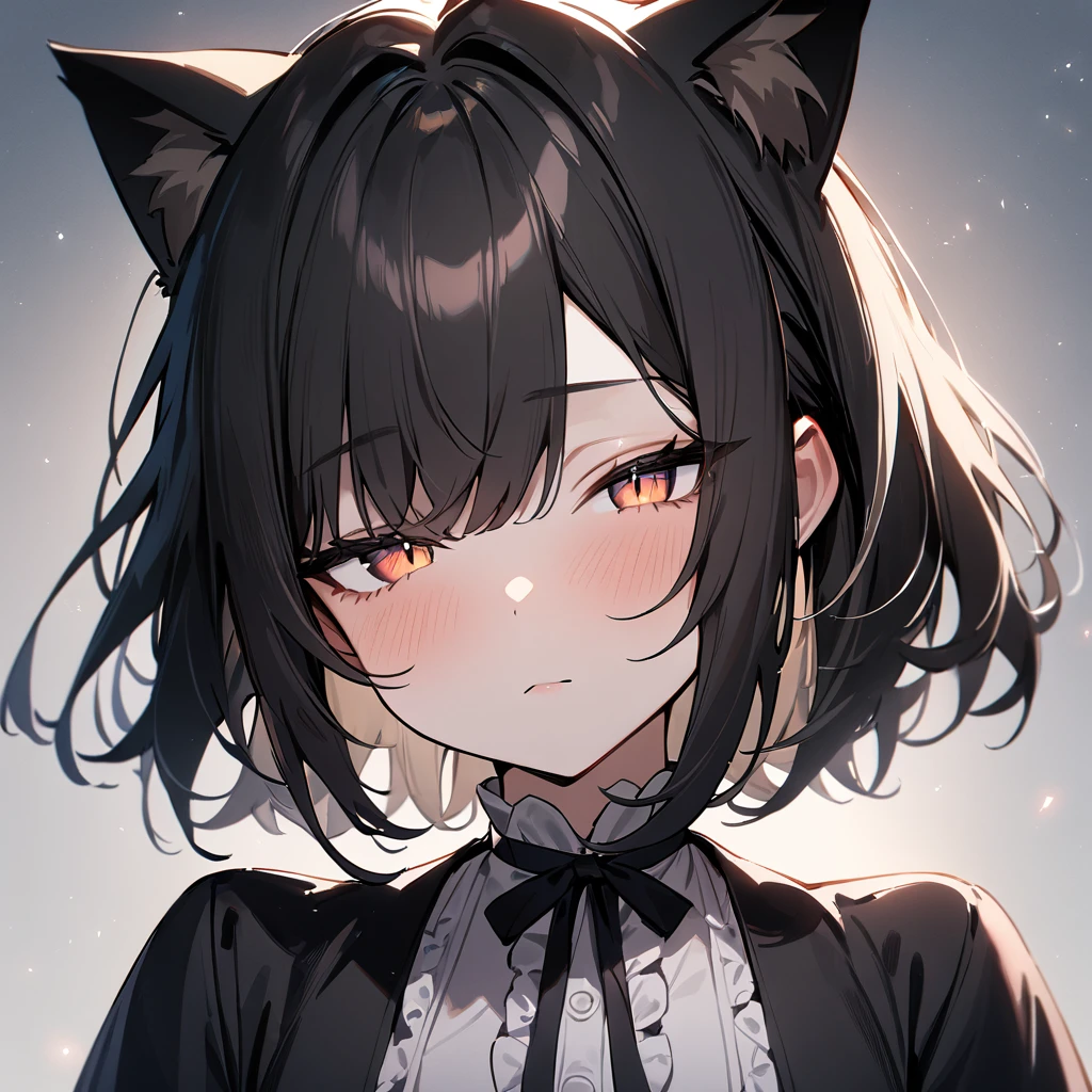 1girl,portrait,Cat ear,Slit pupil,masterpiece,best quality, very aesthetic,absurdres,highlight,center frills,cat ear,medium shot,looking at viewer,half closed eyes,front view