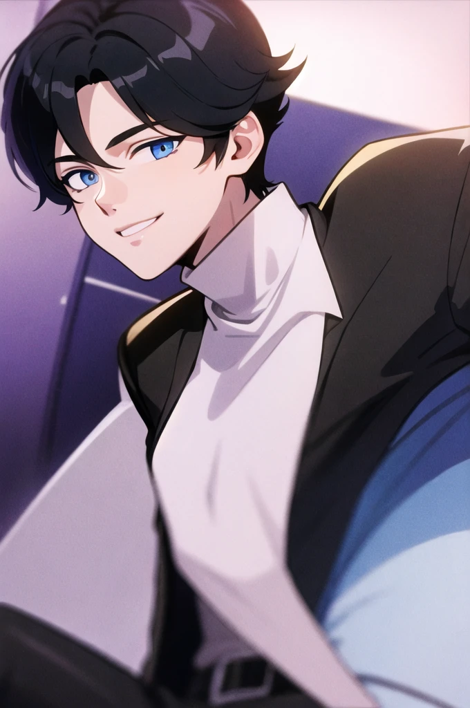 Boy, young, Beautiful, Blue eyes, black hair, 4K, nice smile, handsome, short hair, purple background