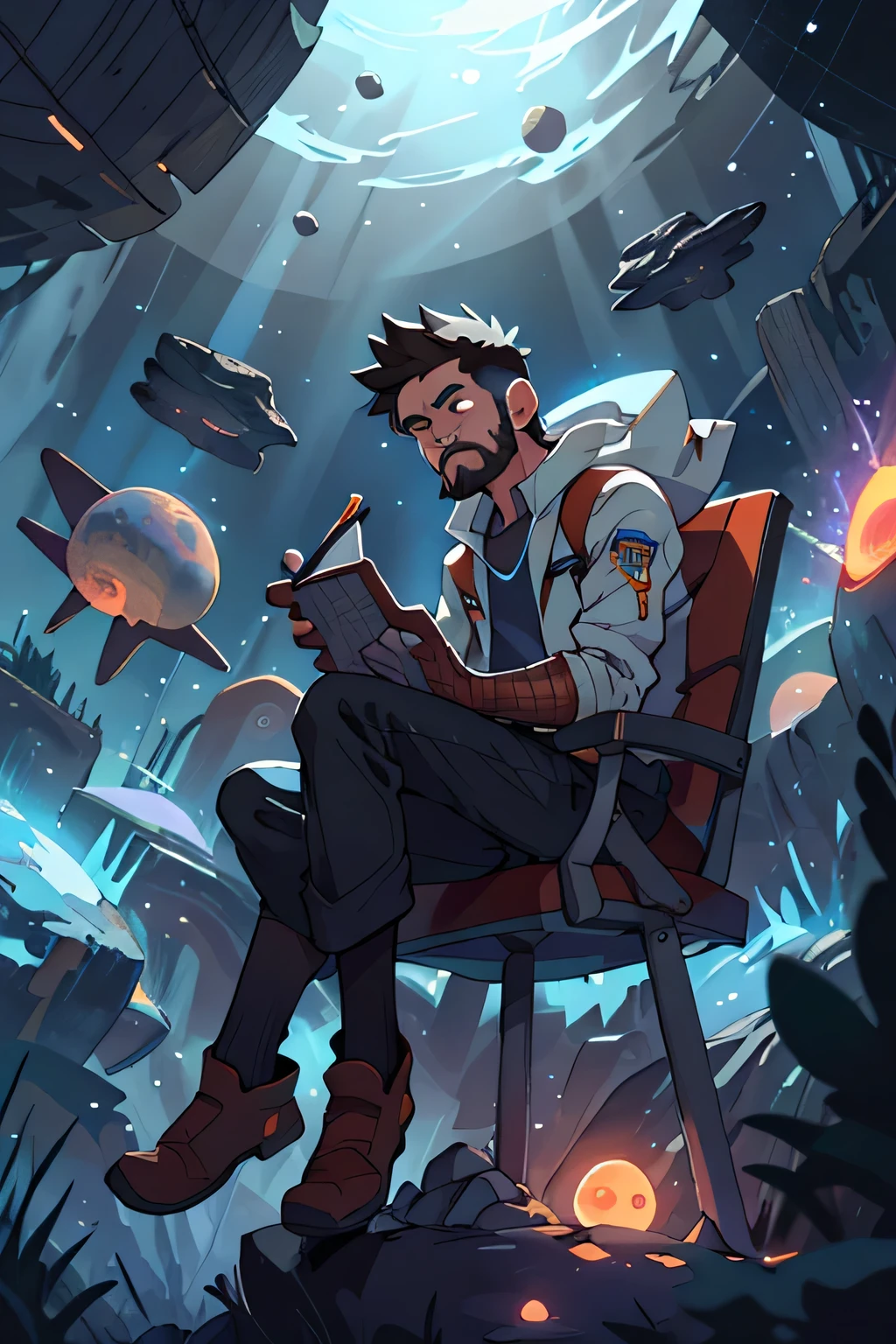 Draw a young programmer, sitting on a research platform floating in the middle of an asteroid belt. He is studying with a notebook, surrounded by several asteroids glowing with fiery auras. Dramatic lighting from distant stars and planets illuminates the scene, casting deep shadows on the suit. The young man looks confident and determined, looking at the vast and mysterious universe with wonder and respect,facial hair, cowboy shot,