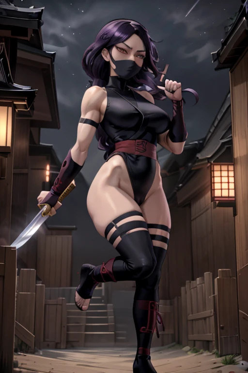 1girl, solo, An pretty woman, female assassin, goth ninja, long wavy purple hair, purple eyes, intricate face details, detailed face, large breasts, wide hip, (Wearing: Black ninja mask, leather leotard, long fingerless gloves, belt, long boots), holding a katana blade, full body, she's looking directly at the camera with a (fierce, dangerous, seductive) gaze. (Background: outdoors, forest, Japanese architecture in the surrounding, night time). The 4k textures showcases the utmost level of detail, while the cinematic lighting adds depth and mystery to the scene. Holding traditional samurai katana sword. Her gaze is both alluring and fierce, as she holds the sword with a delicate yet deadly grip.
