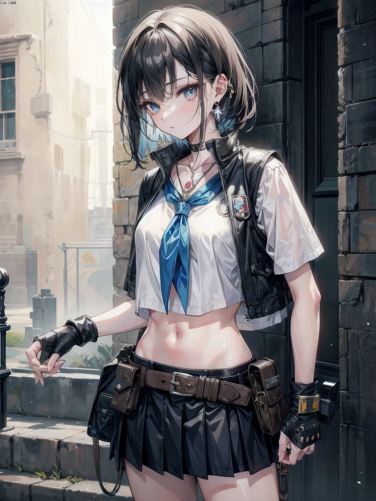 high-technology Equipment, cowgirl costume, vest, fingerless gloves, midriff, neckerchief, short skirt, holster, absurdres, RAW photo, extremely delicate and beautiful, masterpiece, Best Quality, ultra high resolution, 32k, hyperrealistic, ultra-detailed, detailed description, pale skin, 20 years old, tearful mole, earring, short medium hair, wavy hair, whole body shot,