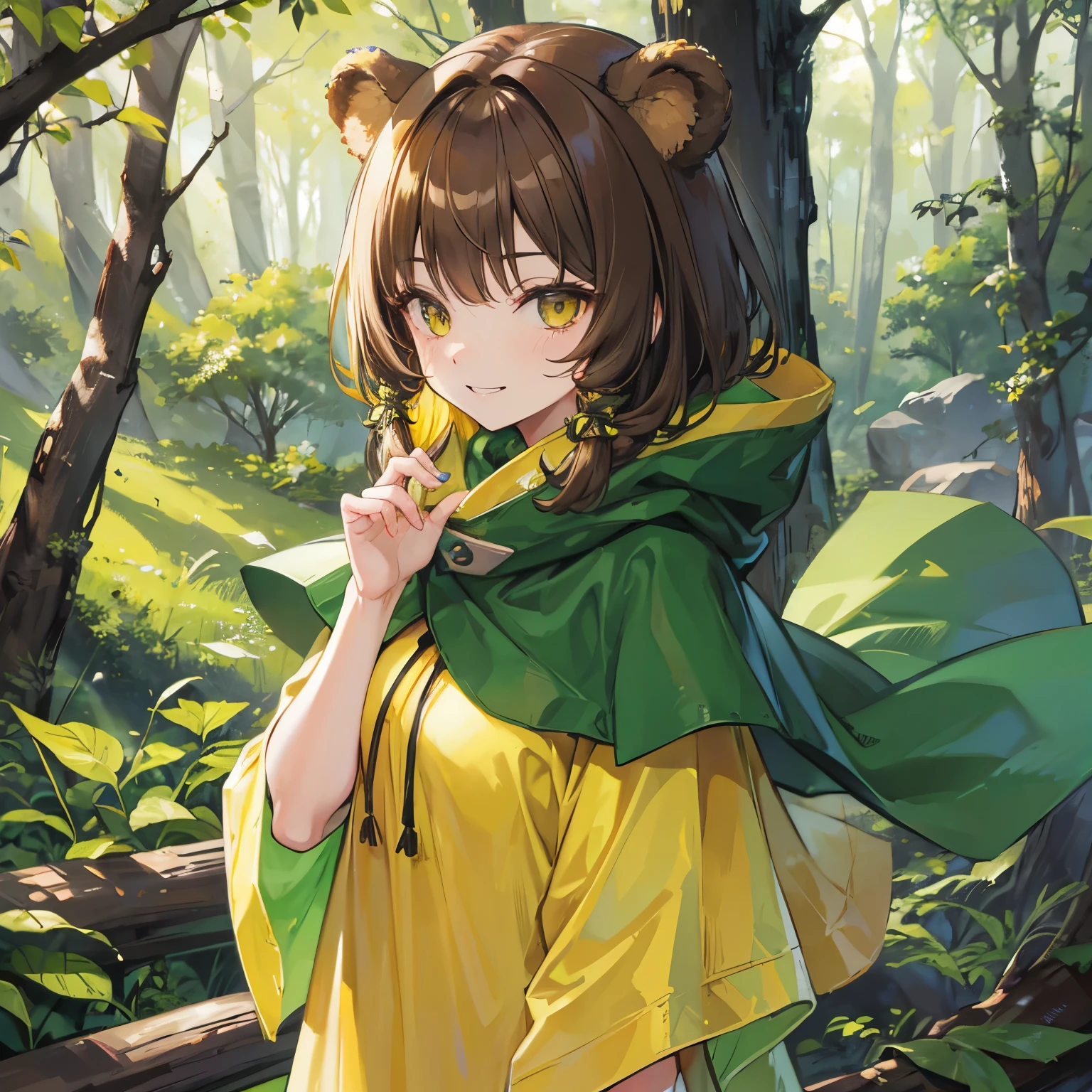 One,Bear,Yellow Eyes,Green poncho,forest,Grinning face,Brown hairs,