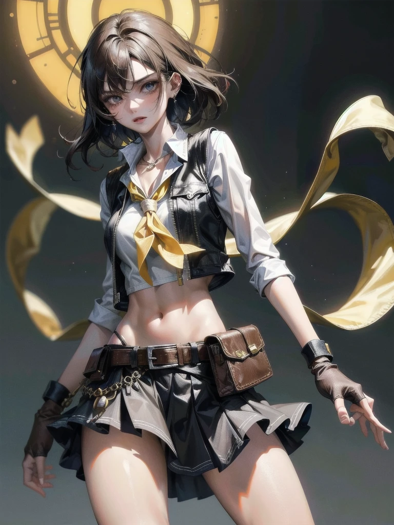 high-technology Equipment, cowgirl costume, vest, fingerless gloves, midriff, neckerchief, short skirt, holster, absurdres, RAW photo, extremely delicate and beautiful, masterpiece, Best Quality, ultra high resolution, 32k, hyperrealistic, ultra-detailed, detailed description, pale skin, 20 years old, tearful mole, earring, short medium hair, wavy hair, whole body shot,