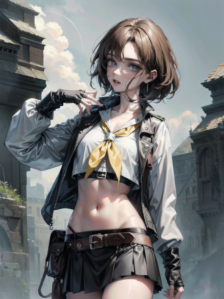 high-technology Equipment, cowgirl costume, vest, fingerless gloves, midriff, neckerchief, short skirt, holster, absurdres, RAW photo, extremely delicate and beautiful, masterpiece, Best Quality, ultra high resolution, 32k, hyperrealistic, ultra-detailed, detailed description, pale skin, 20 years old, tearful mole, earring, short medium hair, wavy hair, whole body shot,
