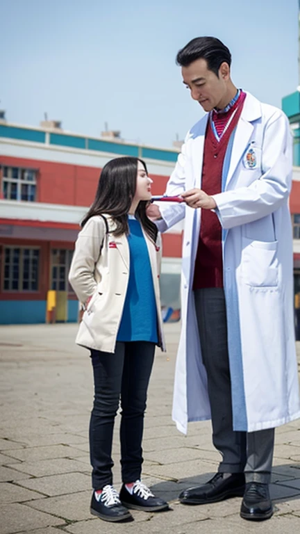 A tall male doctor in a white coat is measuring the height of a girl with a height meter,