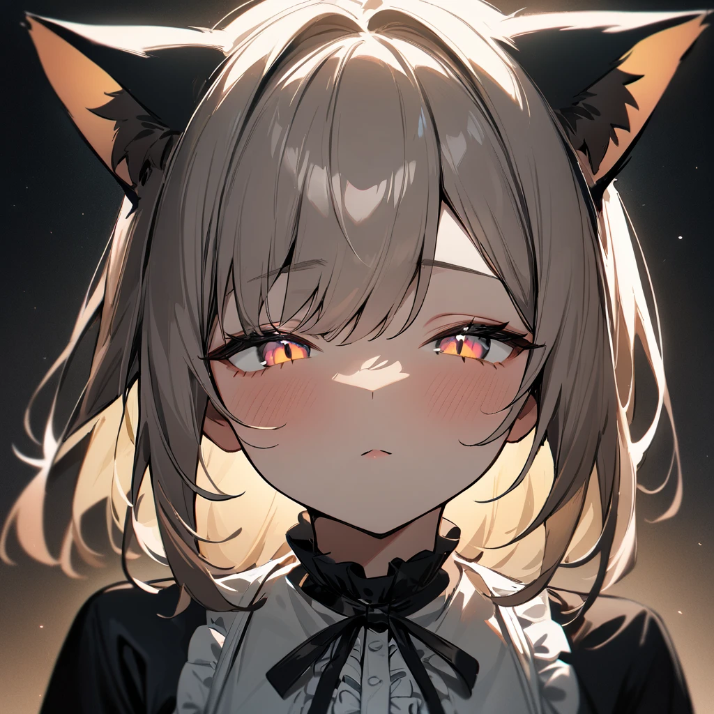 1girl,portrait,Cat ear,Slit pupil,masterpiece,best quality, very aesthetic,absurdres,highlight,center frills,cat ear,medium shot,looking at viewer,half closed eyes,front view,looking up