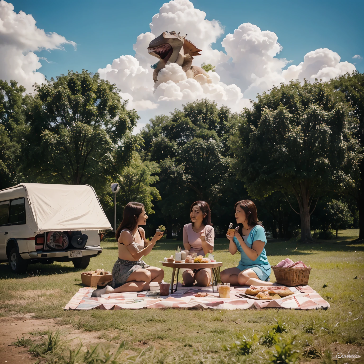 Chibi Dinosaurs having a picnic, pretty clouds, include text at the bottom that says Dunkin Dodo’s