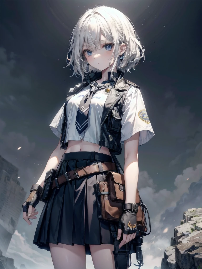 high-technology Equipment, cowgirl costume, vest, fingerless gloves, midriff, neckerchief, short skirt, holster, absurdres, RAW photo, extremely delicate and beautiful, masterpiece, Best Quality, ultra high resolution, 32k, hyperrealistic, ultra-detailed, detailed description, pale skin, 20 years old, tearful mole, earring, short medium hair, wavy hair, whole body shot,